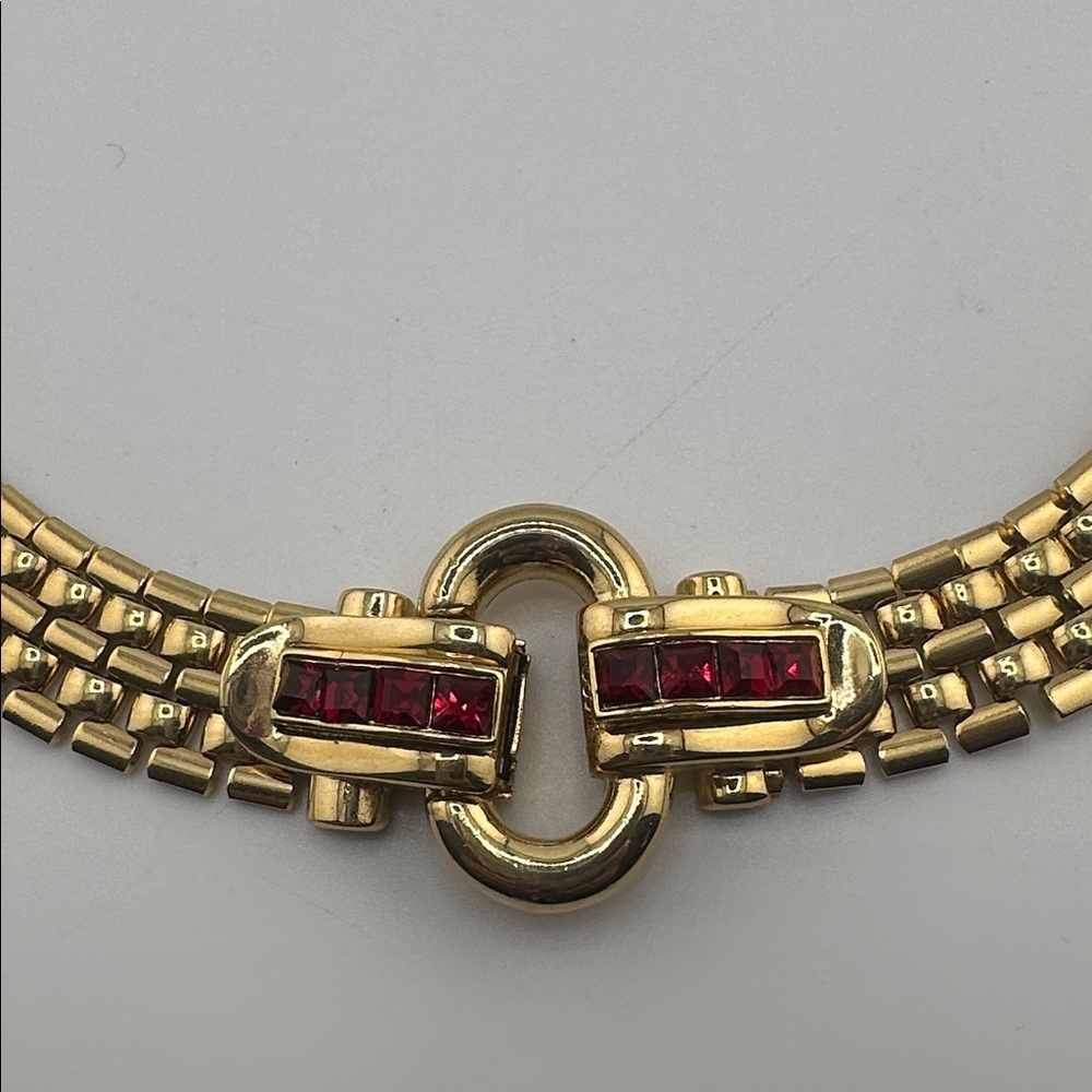 Vintage GIVENCHY Gold Tone Necklace With track link ruby Crystal - Picture 2 of 6